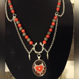 Elegant Red and Black Beaded Heart Breaker Necklace